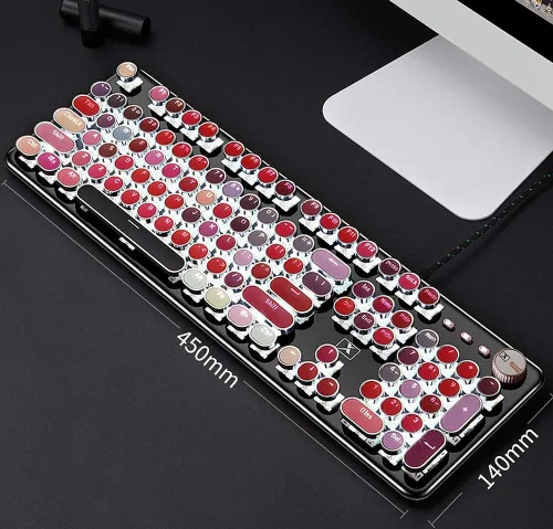 Vista 6 de Corn K520 Teclado mecánico para juegos de lápiz labial Panel de metal redondo retro retroiluminado 104 teclas USB con cable interruptor azul