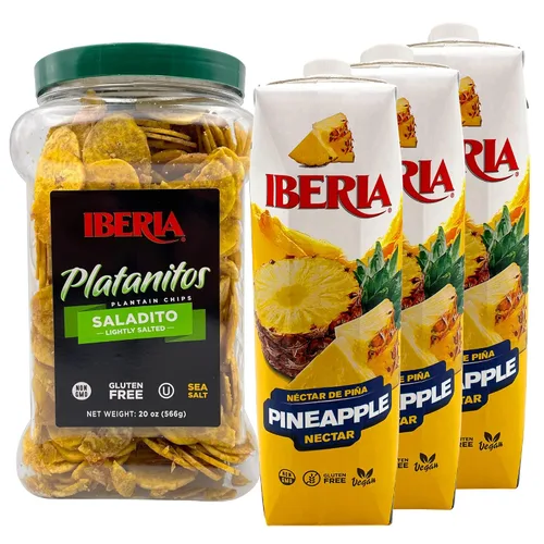Vista 3 de Iberia Chips de plátano ligeramente salados, 20 onzas + néctar de mango Iberia 33.8 fl. oz, (paquete de 3)