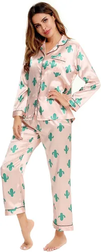 Vista 4 de SWOMOG - Conjunto de pijama de dos piezas, de satén de seda con botones, para mujer