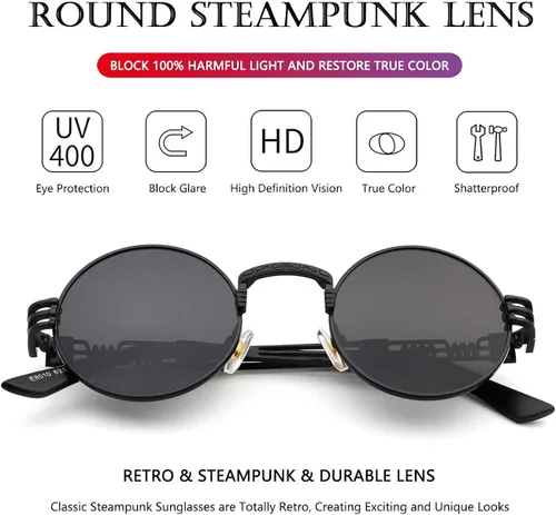 Vista 5 de AIEYEZO Gafas de sol redondas steampunk Circle Lennon Hippie, marco de metal, lente de bloqueo UV 100%
