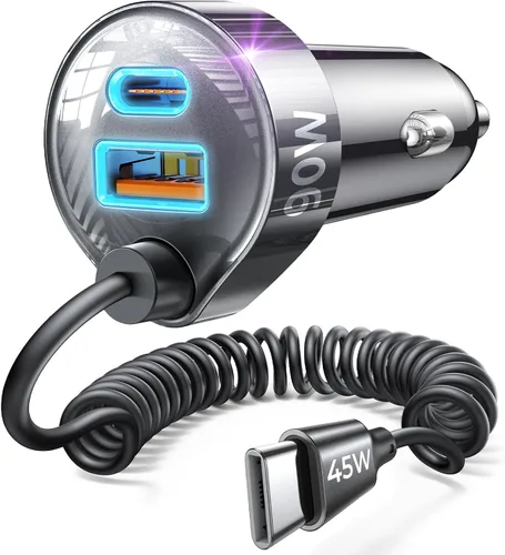 Vista 8 de LISEN - Cargador de coche con cable en espiral USB-C integrado de 36 pulgadas de 45 W, adaptador de encendedor de cigarrillos de carga rápida