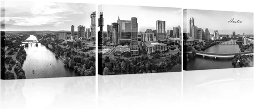 Vista 24 de TUMOVO 3 piezas de arte de pared en lienzo con diseño de horizonte de Atlanta, arte de pared panorámico de paisaje urbano en blanco y negro