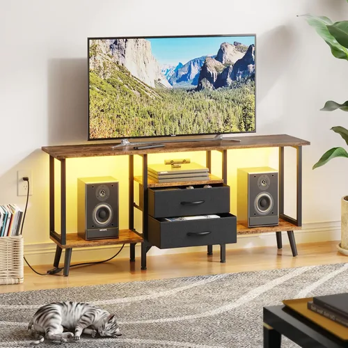 Vista 2 de GYIIYUO Soporte de TV pequeño con cajones de tela/luz LED para TV de 55 pulgadas, centro de entretenimiento con estantes abiertos de almacenamiento