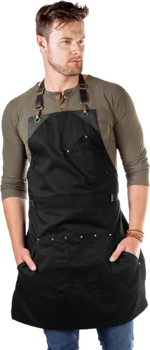 Vista 4 de Under NY Sky Delantal de barista, correas de cuero negro y refuerzo, bolsillos remachados, doble costura, lazo de anillo de cuero, sarga negra