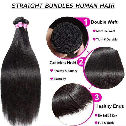 Vista 3 de Paquetes Bob Liso 3 Paquetes de Cabello Humano Corto 10, 10 y 10 Pulgadas, 100% Cabello Crudo Sin Procesar, Tejido Rápido, Color Negro Natural