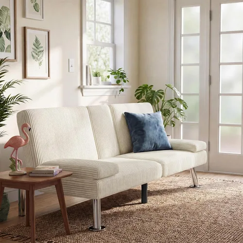 Vista 2 de Furmax Sofá cama futón, futón ajustable para sala de estar (pana, beige)