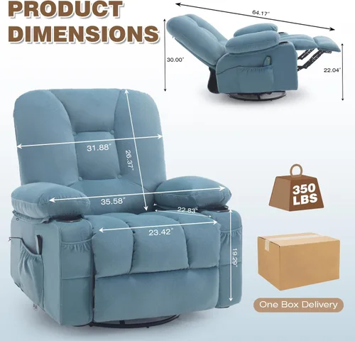 Vista 2 de Rocker - Silla reclinable con masaje y calor, sillón reclinable giratorio con relleno con soporte para tazas, bolsillo lateral USB, sofá mecedora