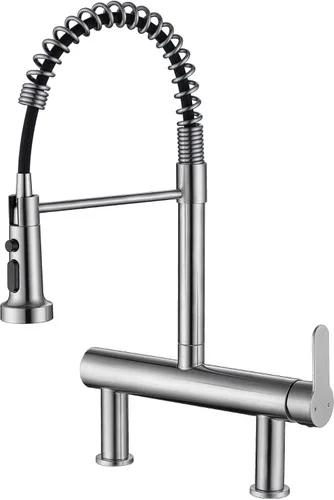 Vista 8 de Grifo de fregadero de cocina de montaje en pared con rociador de 8 pulgadas en el centro, grifo mezclador de fregadero de acero inoxidable de níquel