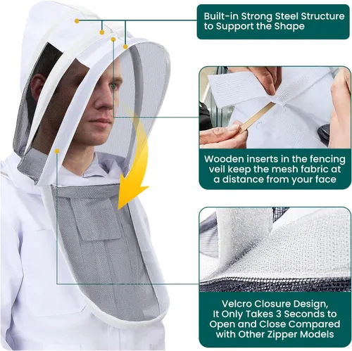 Vista 4 de Trajes de abeja para hombres y mujeres, trajes de apicultor con guantes y 2 capucha de velo a prueba de picaduras, traje de apicultura de cuerpo