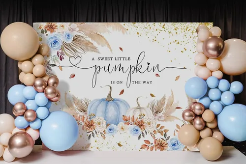 Vista 2 de Mocsicka Telón de fondo de calabaza para niñas y niños, decoración de fiesta de baby shower, estilo bohemio, rubor floral, A Little Pumpkin is On