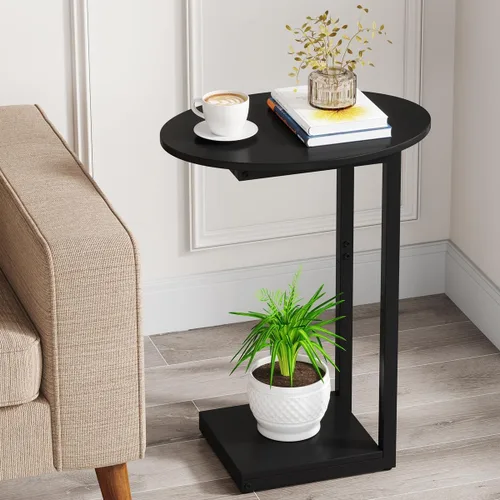 Vista 11 de Hosfais Mesa Auxiliar Pequeña, Mesa de Extremo en Forma de C, Mesa de Café de Madera para TV, Bandeja para Comer, Mesas para Sofá de Espacios Negro