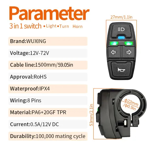 Vista 2 de WUXING DK336 Interruptor de luz de scooter eléctrico 24V/36V/48V/60V/72V Ebike lámpara e interruptor de bocina DK336 para botón de motocicleta puede