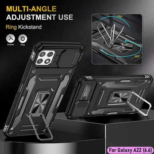 Vista 5 de Funda resistente para Samsung Galaxy A22 (5G), protector híbrido de goma de doble capa de grado militar con protector de cámara deslizante, soporte
