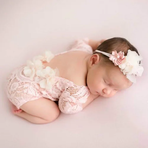 Vista 4 de Accesorios de fotografía para recién nacidos, falda tutú de girasol y peleles de encaje rosa con diadema de flores, conjuntos de fotos para bebés