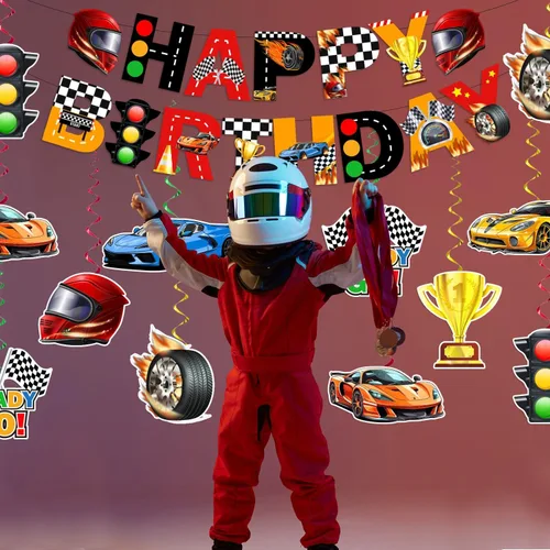 Vista 3 de KORHONEN Decoraciones de fiesta de cumpleaños con temática de auto de carreras para niños y adultos, incluye pancarta de feliz cumpleaños