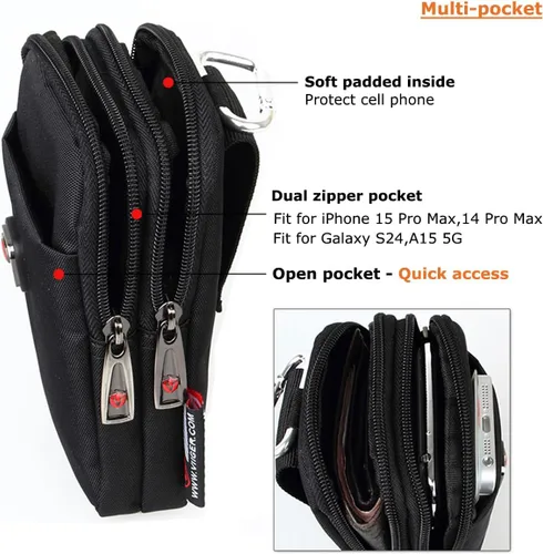 Vista 2 de VIIGER Funda versátil de nailon doble para teléfono celular, funda para cinturón para hombre con clip, bolsa para cinturón para teléfono