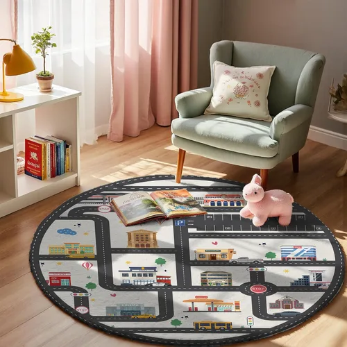 Vista 2 de Alfombra de Juego Redonda de 3.3 pies para Niños con Carreteras de la Ciudad - Alfombra de Lana Sintética Antideslizante con Diseño Interactivo