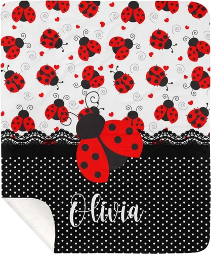 Vista 7 de Manta de forro polar con monograma y diseño de lunares negros con nombre para niñas que duermen con diseño de mariquita, 50 x 60 pulgadas, regalo