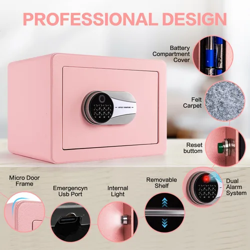 Vista 8 de Caja de seguridad biométrica de 0.6 pies cúbicos, caja de seguridad con huella dactilar con bolsa ignífuga, estante removible, sistema de alarma