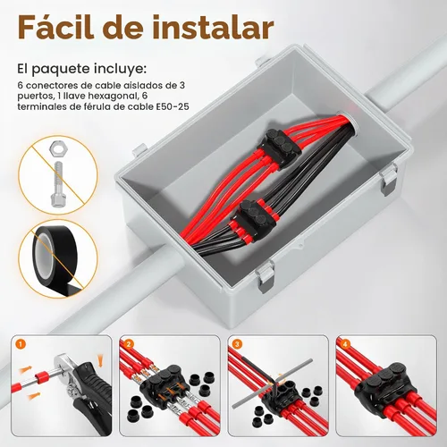 Vista 5 de Conectores de cable de aluminio a cobre de 3 puertos de doble entrada de calibre 2/0-6, conector de cable aislado de múltiples grifos, conector