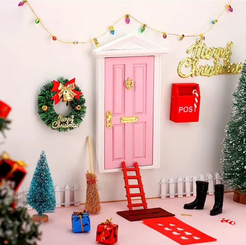 Vista 7 de Hungdao - 20 piezas de decoración en miniatura de madera para puerta de elfo de Navidad, puerta azul