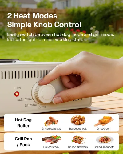Vista 5 de HBN máquina de parrilla rodante para hot dogs 3 en 1 con placa antiadherente y parrilla, parrilla eléctrica compacta de 800W para salchichas