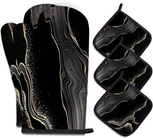 Vista 25 de MCALK Juego de 5 manoplas de horno y soportes para ollas, guantes abstractos para horno y almohadillas calientes para cocina de cocina, manoplas