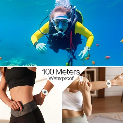 Vista 2 de Reloj deportivo resistente al agua de 10 ATM para mujeres y niñas, natación y buceo, reloj despertador, cronómetro, temporizador, hora doble