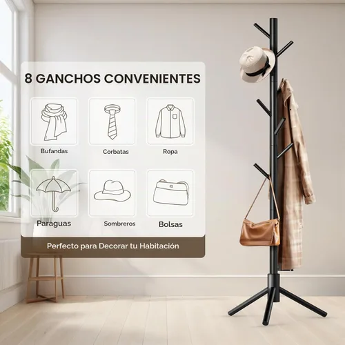 Vista 6 de Hupmad Perchero de árbol de madera, perchero resistente independiente con 8 ganchos, 3 alturas ajustables para niños y adultos, perchero de madera