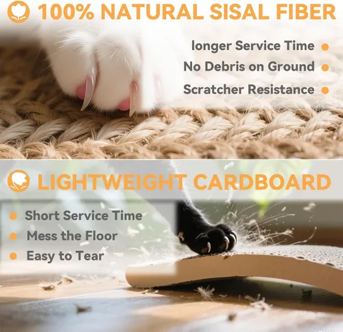 Vista 6 de Tablero rascador para gatos con sisal natural, juguete interactivo para gatos con bola de resorte, almohadilla rascador duradera para gatos