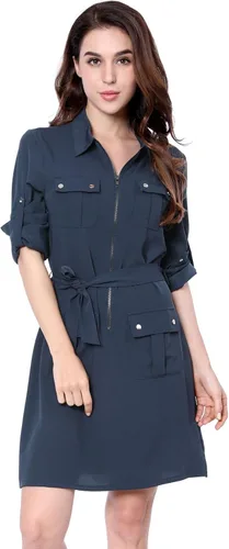 Vista 2 de Allegra K Vestido camisero con cuello y cinturón de safari con mangas enrollables para mujer, M