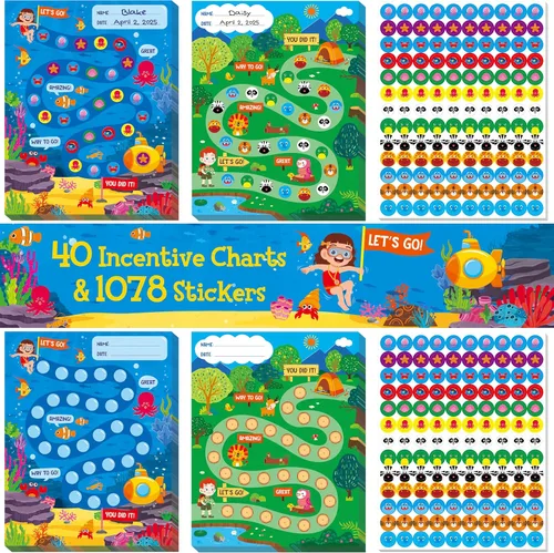Vista 8 de 4 gráficos de incentivos con 3300 calcomanías reutilizables, tabla de recompensas con temática de bosque/granja/océano/espacio para aula, hogar