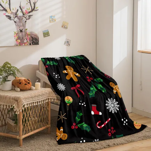 Vista 2 de Bedbay Manta de Navidad de dibujos animados, decoración de Navidad, con patrón de copos de nieve de hombre de jengibre, ultra suave, manta