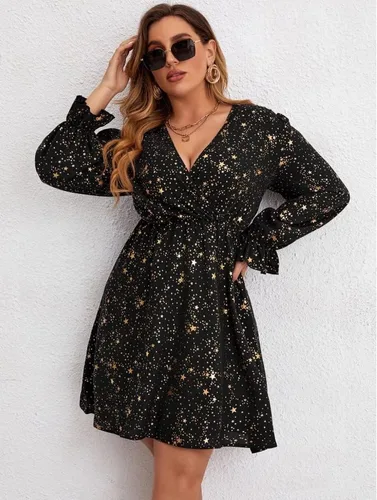 Vista 4 de Mycrushcity Womens Plus Size V Neck Flounce Long Sleeve Gold Galaxy Print Mini Dress
