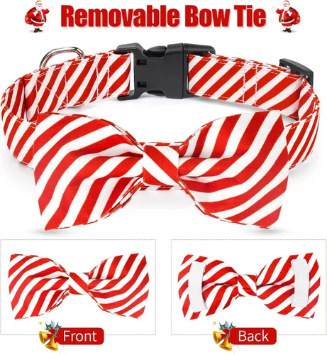 Vista 6 de Malier Lindo collar de Navidad ajustable con corbatín, rayas clásicas para perros y gatos pequeños a grandes (rayas rojas, mediano)