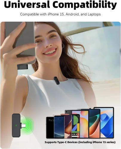 Vista 6 de Micrófono Lavalier inalámbrico para iPhone 15 16 y Android con cancelación de ruido, transmisión de 100 pies, duración de la batería de 18 horas