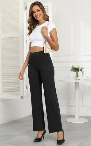 Vista 4 de Agenlulu Pantalones de vestir de pierna ancha para mujer, elásticos, de cintura alta, rectos, de negocios, casual, para oficina, trabajo