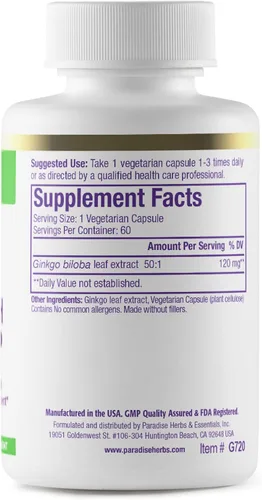 Vista 2 de Paradise Herbs Extracto de Ginkgo Biloba, vegano, sin OMG, sin gluten, 60 cápsulas vegetarianas