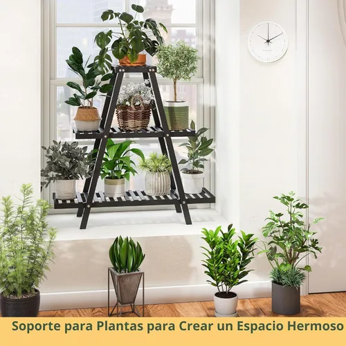 Vista 4 de Soporte de bambú para plantas interior/exterior, 3 niveles, negro, rectangular, 8 macetas para flores, estante para plantas