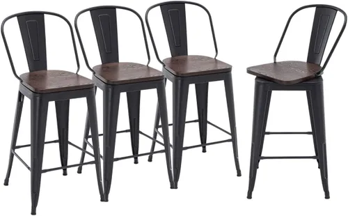 Vista 10 de HAOBO Home Juego de 4 taburetes de bar giratorios de metal con respaldo alto (negro mate con asiento de madera, giratorios de 24 pulgadas)