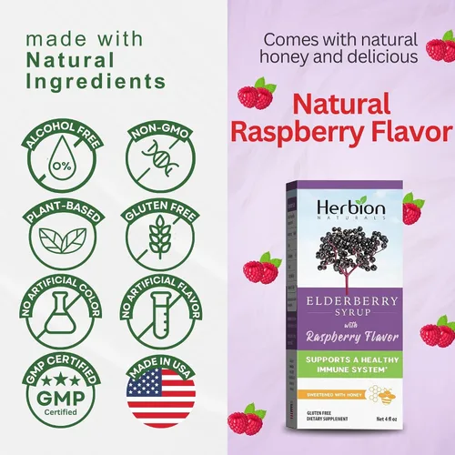 Vista 6 de Herbion Naturals Jarabe de saúco – Sistema inmunológico saludable para adultos y niños (1 año +) – Miel endulzada con sabor natural a frambuesa