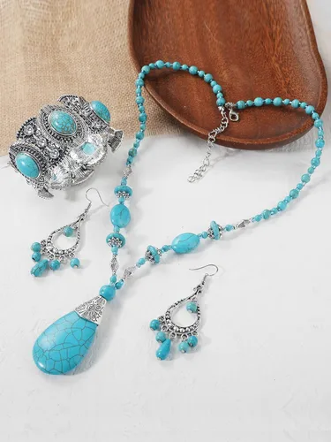 Vista 3 de K Collar bohemio turquesa con cuentas largas para mujer, joyería nativa para mujer, colgante étnico, joyería de estilo nacional, Zinc, No es una