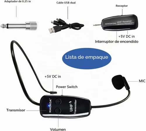 Vista 7 de Auriculares inalámbricos UHF con micrófono: Sistema de micrófono de cabeza inalámbrico, micrófonos con carga USB-C, rango de 164 pies - para Negro1