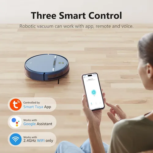 Vista 3 de Robot aspirador, aspiradora robótica inteligente conectada por Wi-Fi, control de aplicación, compatible con Alexa y Google Assistant, robot