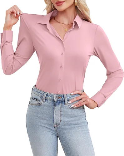 Vista 13 de siliteelon Camisa de manga larga con botones para mujer, estilo casual, para el trabajo, con elástico en 4 direcciones, sin arrugas