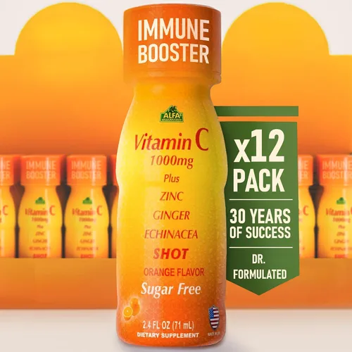 Vista 10 de ALFA VITAMINS Disparo de vitamina C de 1000 mg con zinc, jengibre y equinácea - Apoya la salud inmunológica y el bienestar diario - Sabor naranja