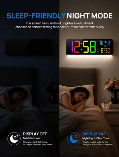 Vista 6 de RGB Large Digital Wall Clock, 15.7" Digital Clock Large Display with Remote LED Alarm Clocks with Night Light, DST, Date, Temperature for Living