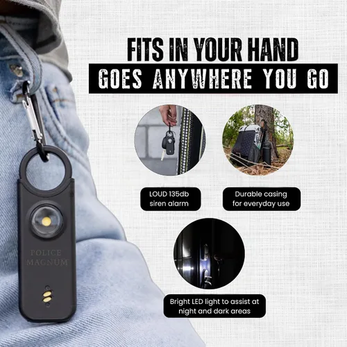 Vista 3 de Police Magnum Alarma de seguridad personal y spray de pimienta Combo de autodefensa para mujeres, sirena ruidosa de 135 db con luz y máxima fuerza