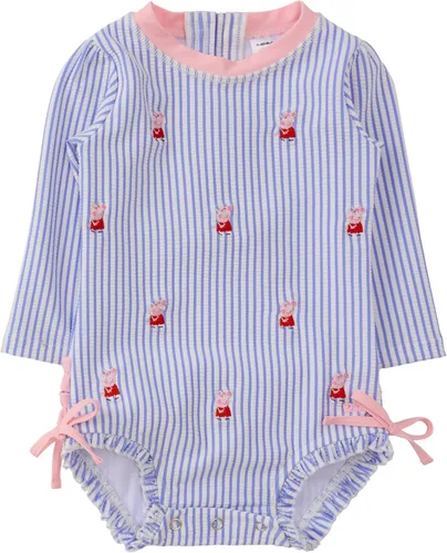 Vista 9 de RuffleButts - Traje de baño de una pieza con mangas largas, de seersucker, con protección solar UPF 50+ para bebé/niñas Seersucker de plátano