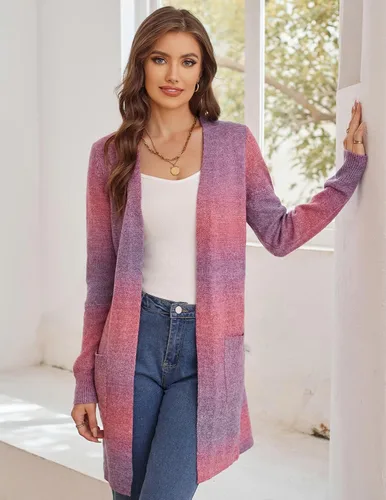 Vista 2 de GRACE KARIN Suéter de arcoíris para mujer, parte delantera abierta, color lavanda, chaqueta de manga larga con bolsillos